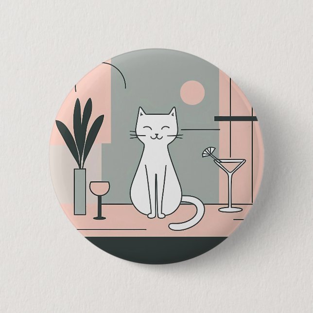 weiße Katze Cocktailparty Katzen Retro-Stil Button (Vorderseite)