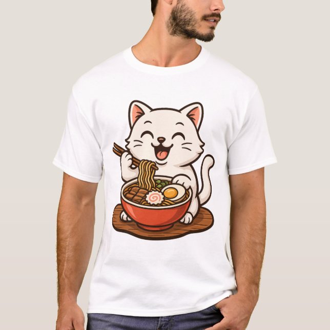 Weiße Katze, die Ramen isst T-Shirt (Vorderseite)
