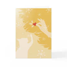 Weiße Katze & Holly, in Gold, Weihnachtskarte