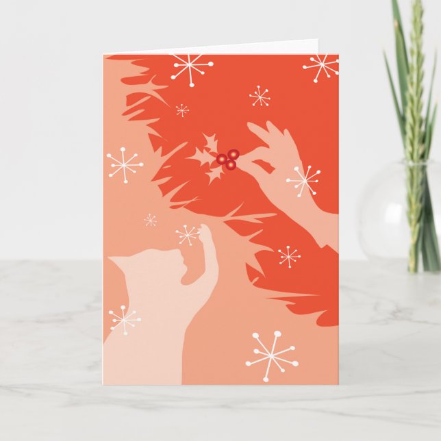 Weiße Katze & Holly, Wassermelone, Ferien-/Weihnac Karte (Vorderseite)