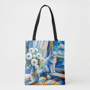 Weiße Katze im Fenster Blick auf den Ozean