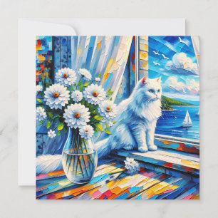 Weiße Katze im Fenster Blick auf den Ozean