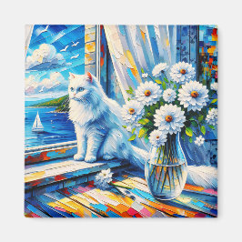 Weiße Katze im Fenster Blick auf den Ozean Magnet