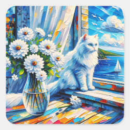 Weiße Katze im Fenster Blick auf den Ozean Quadratischer Aufkleber