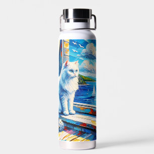 Weiße Katze im Fenster Blick auf den Ozean Trinkflasche