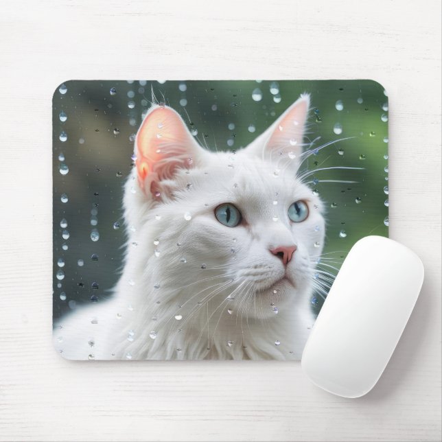 Weiße Katze im Regenfenster Mousepad (Mit Mouse)