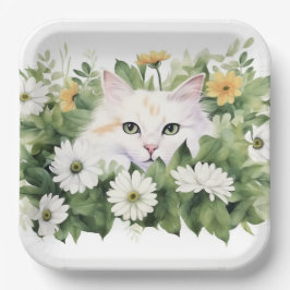 Weiße Katze in Aquarellen Pappteller