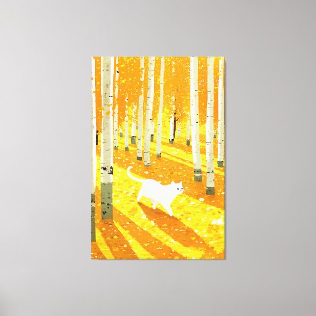 Weiße Katze in Aspen Forest Illustration Art Leinwanddruck (Vorderseite)