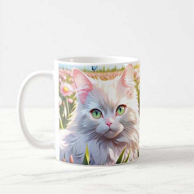 Weiße Katze in Blume AI Art Kaffeetasse (Links)