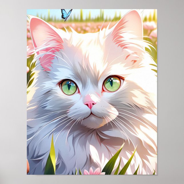 Weiße Katze in Blume AI Art Poster (Vorne)