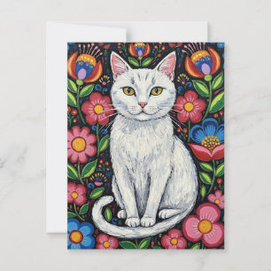 Weiße Katze in Blume des farbenfrohen Volkes Postkarte