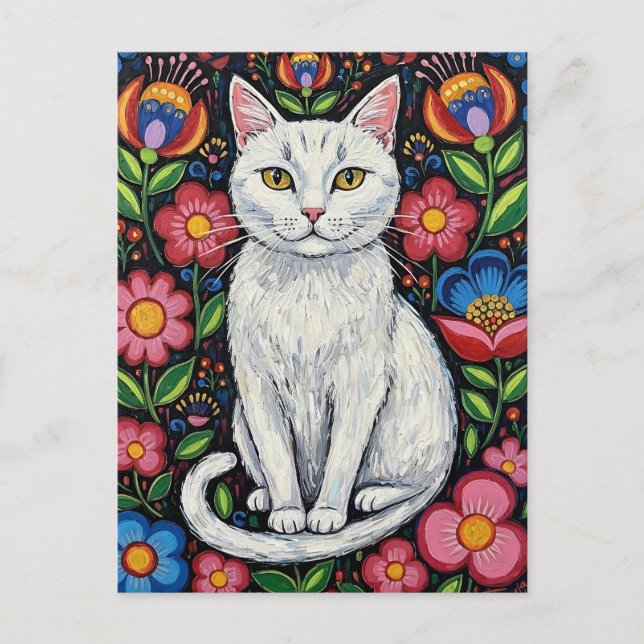 Weiße Katze in Blume des farbenfrohen Volkes Postkarte (Vorderseite)