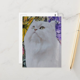 Weiße Katze in Blumen Collage Postkarte