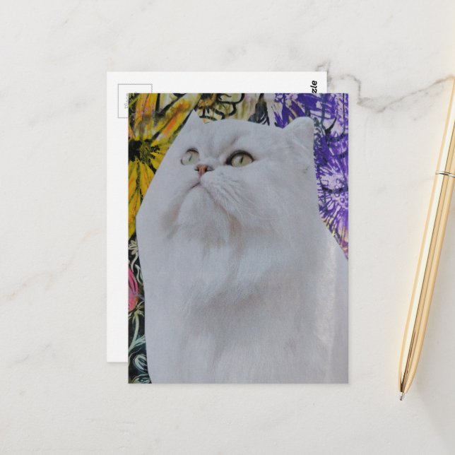 Weiße Katze in Blumen Collage Postkarte (Vorderseite/Rückseite Beispiel)