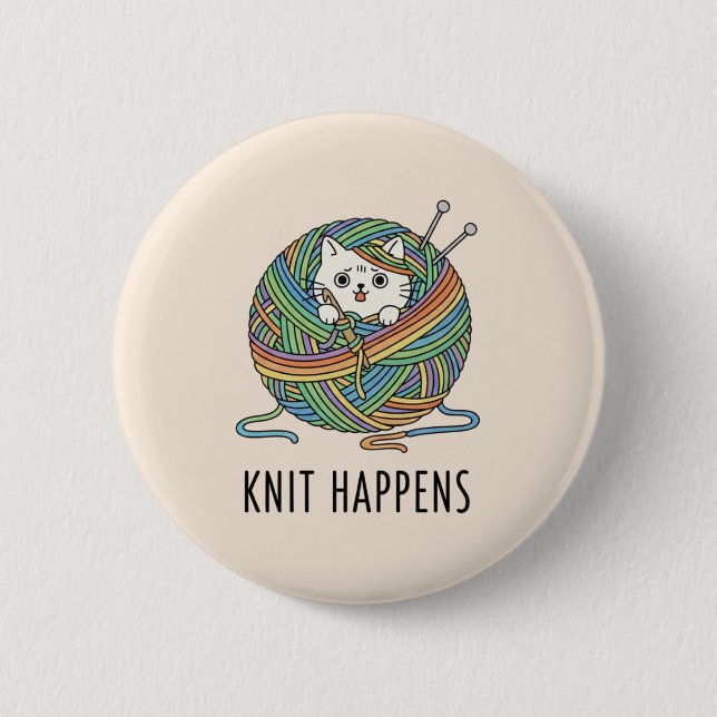 Weiße Katze in buntem Garn, spinnend Button (Vorderseite)
