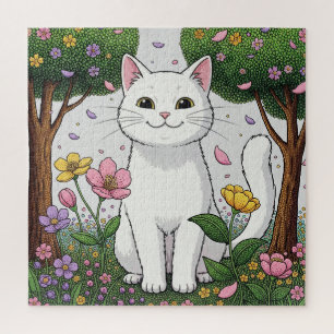 Weiße Katze in einem farbenfrohen Garten Puzzle