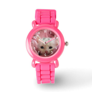 Weiße Katze in rosa Armbanduhr