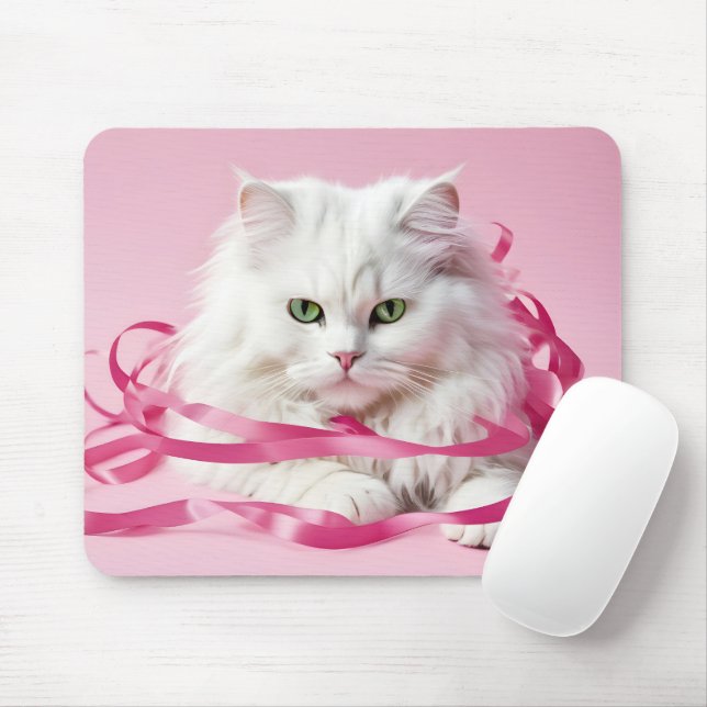 Weiße Katze in rosa Ribbons geknackt Mousepad (Mit Mouse)