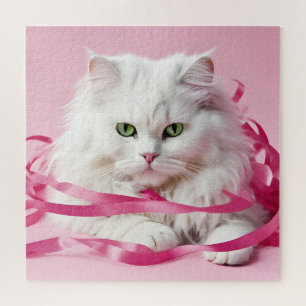 Weiße Katze in rosa Ribbons geknackt Puzzle