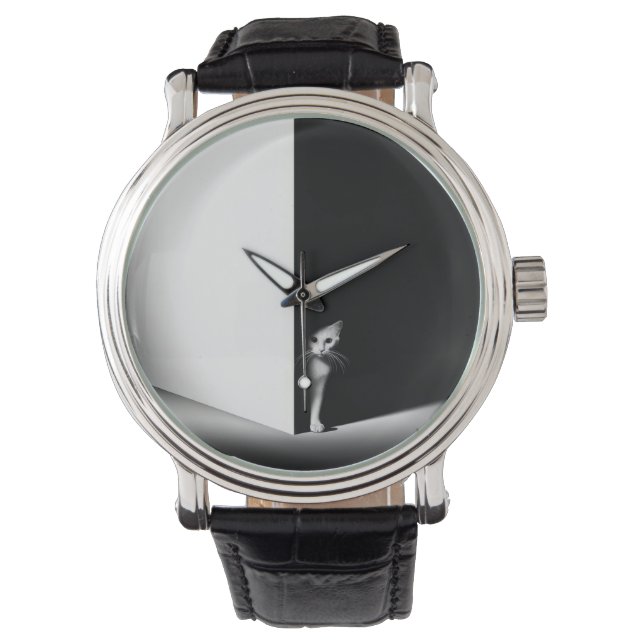 Weiße Katze in schwarzen Schatten Armbanduhr (Vorderseite)