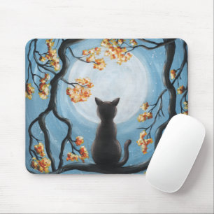Weiße Katze in Tree Vollmond Blau Mousepad