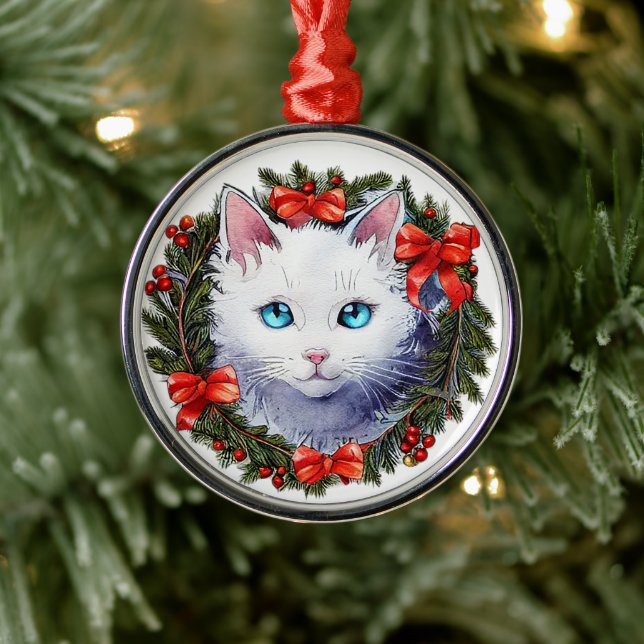 Weiße Katze in Weihnachtskraut Aquarellmalerei, Ornament Aus Metall (Baum)