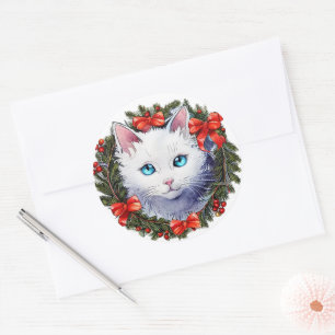 Weiße Katze in Weihnachtskraut Aquarellmalerei, Runder Aufkleber