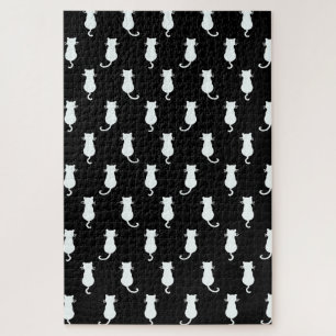 Weiße Katze isoliert auf schwarzem Tupfenmuster Puzzle