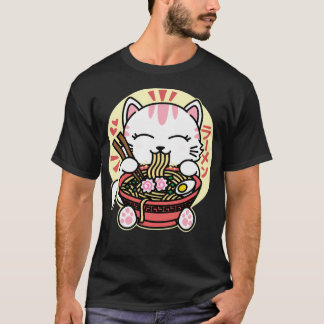 Weiße Katze isst Ramen T-Shirt