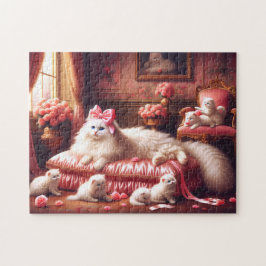 Weiße Katze & Kätzchen Rosa Rose Vornehme Feline F Puzzle