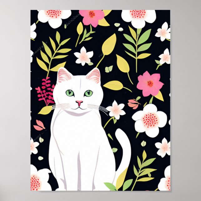 Weiße Katze lächelt inmitten von Blume nahtlos Mus Poster (Vorne)