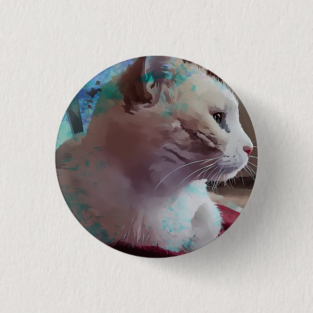 Weiße Katze mit blauem Farbeffekt Button (Vorderseite)