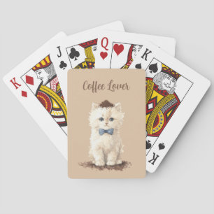 Weiße Katze mit blauem Schleier, die Kaffee liebt Spielkarten