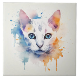 Weiße Katze mit blauen Augen - Aquarell Fliese