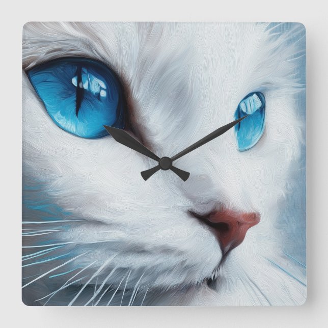 Weiße Katze mit blauen Augen Quadratische Wanduhr (Vorderseite)