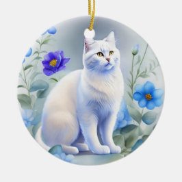 Weiße Katze mit blauen Blumen, Aquarell-Malerei Keramik Ornament