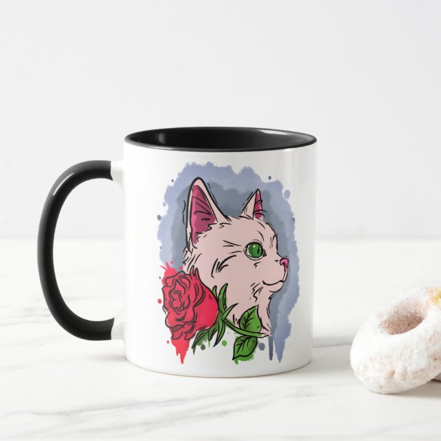 Weiße Katze mit Blume Tasse (Mit Donut)