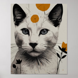 Weiße Katze mit Blumenelementen Poster