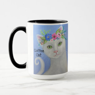 Weiße Katze mit Blumenkrone 2 Tasse