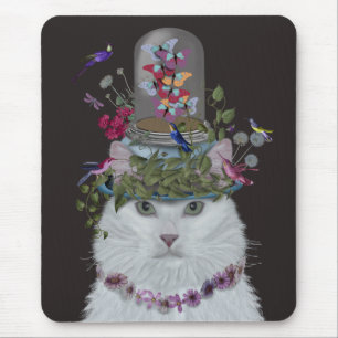 Weiße Katze mit Butterfly Bell Jar Mousepad