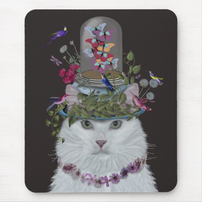 Weiße Katze mit Butterfly Bell Jar Mousepad (Vorne)