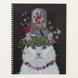 Weiße Katze mit Butterfly Bell Jar Planer