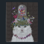 Weiße Katze mit Butterfly Bell Jar Puzzle<br><div class="desc">Katze,  Weiß mit Butterfly-Glockengefäß,  schwarz von FabFunky. Eine fabelhafte weiße Katze mit Vögeln,  Grünpflanzen und Schmetterlingen auf ihrem Kopf. | 191532D</div>