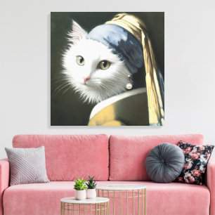 Weiße Katze mit einer Perlenohrring Leinwanddruck