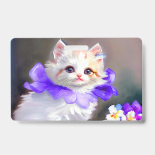 Weiße Katze mit Halsband aus violetten Blumen Gemä Ausweis