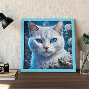 Weiße Katze mit hellblauen Augen, Bläschen Poster