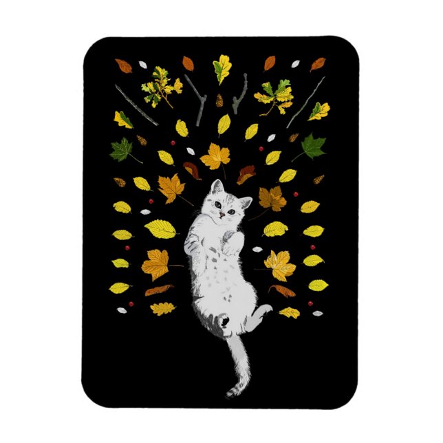 Weiße Katze mit Herbstlaub Magnet (Vertikal)
