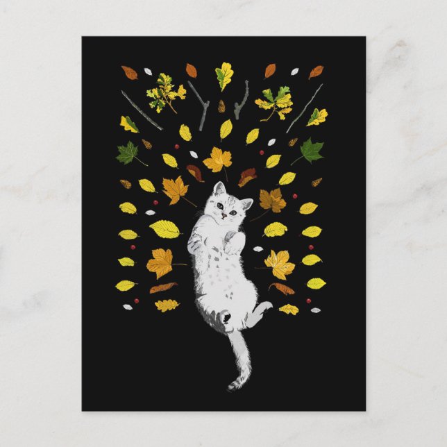 Weiße Katze mit Herbstlaub Postkarte (Vorderseite)