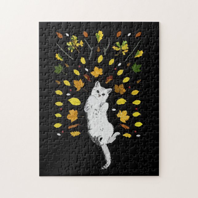 Weiße Katze mit Herbstlaub Puzzle (Vertikal)
