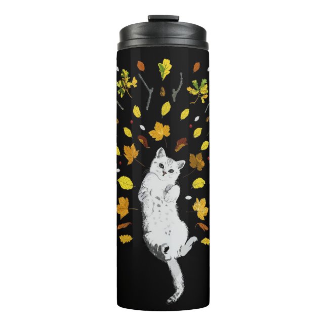 Weiße Katze mit Herbstlaub Thermosbecher (Vorderseite)